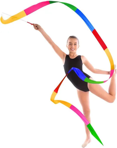 Vista 5 de Paquete de 4 cintas de baile de 6.6 ft, cintas de gimnasia rítmica con serpentinas de arco iris, varitas giratorias en palos para baile artístico