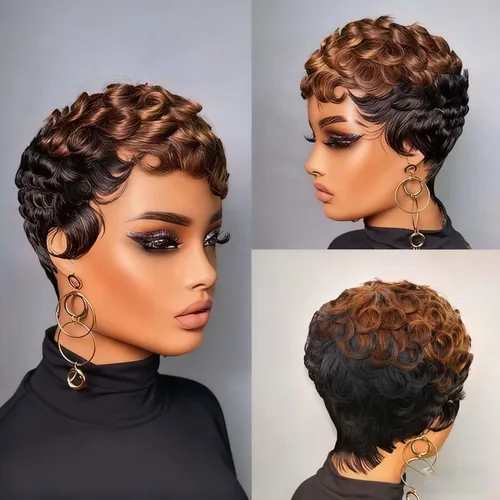 Vista 2 de VCK Pelucas cortas de cabello humano para mujeres negras, pelucas cortas de cabello humano en capas, pelucas de corte Pixie para mujeres, pelucas