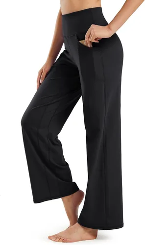 Vista 5 de Promover Pantalones de yoga de pierna ancha para mujer, pantalones holgados y cómodos con bolsillos, pantalones elásticos de cintura alta