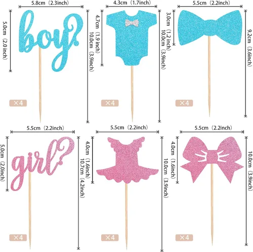 Vista 2 de Paquete de 24 adornos para cupcakes para niños o niñas, con purpurina rosa y azul, palillos para cupcakes de baby shower, corbatín, mameluco, mono