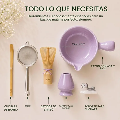 Vista 3 de HAPPY PATH & CO - Juego de cuencos de matcha patentado con mango y boquilla, vertido sin derrames, juego completo de matcha para principiantes Lila