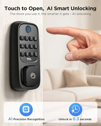 Vista 2 de TCL Cerradura inteligente Wi-Fi D1, cerradura de puerta de huellas dactilares, cerradura de cerrojo de entrada sin llave para puerta delantera, WiFi