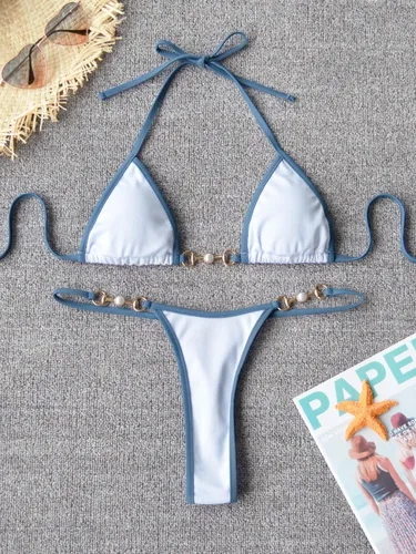 Vista 6 de TASHEHE Conjunto de bikini de dos piezas con tanga triangular acanalada para mujer