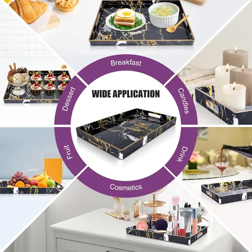 Vista 6 de Gifturbo - Bandeja de servir negra, bandejas de servir decorativas de mármol con asas, bandejas rectangulares de plástico para mesa de café otomanas