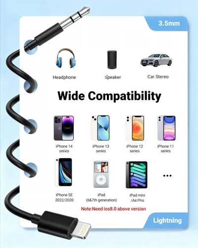 Vista 6 de Cable auxiliar para iPhone, [Certificado Apple MFi] Cable AUX Lightning a 3.5 mm para estéreo de coche, altavoz, auriculares, cable de audio