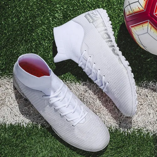 Vista 5 de Botas de fútbol para hombre con tacos altos con cordones, para interiores, firmes, para entrenamiento de césped y fútbol sala
