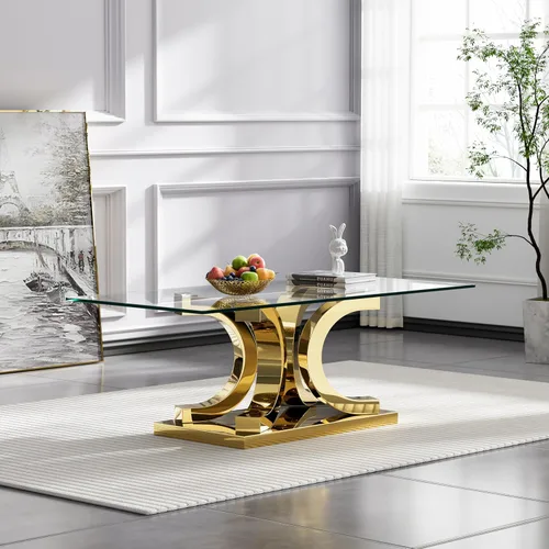 Vista 26 de Mesa de centro de cristal de lujo, mesa de centro de sofá de 47 pulgadas con marco de acero inoxidable dorado y parte superior de vidrio negro, mesa