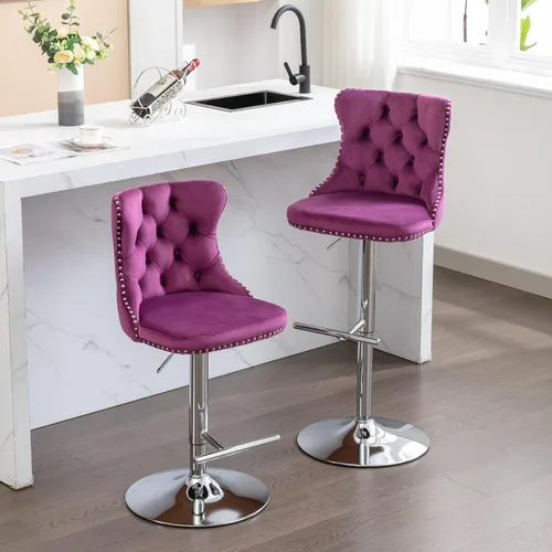Vista 36 de Aoowow Juego de 2 taburetes de bar giratorios, taburetes de bar ajustables con respaldo de terciopelo copetudo, sillas de bar modernas tapizadas