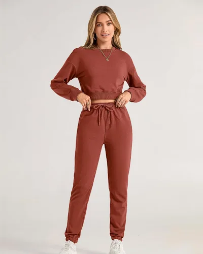 Vista 21 de BTFBM Conjunto deportivo de 2 piezas para mujer, camiseta corta de manga larga, sin botones, pantalón con cordón ajustable, pantalones deportivos