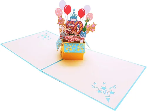 Vista 4 de iGifts And Cards Tarjeta de felicitación desplegable 3D con caja de fiesta de cumpleaños número 50 color azul – Cincuenta, impresionante, globos