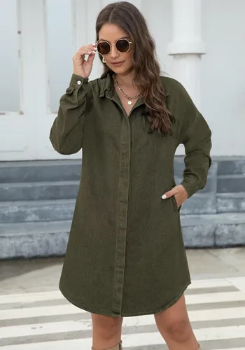Vista 5 de KDF Vestido camisero de mezclilla para mujer, vestido de mezclilla para mujer con bolsillos, vestidos camiseros con botones para mujer, verano 2023