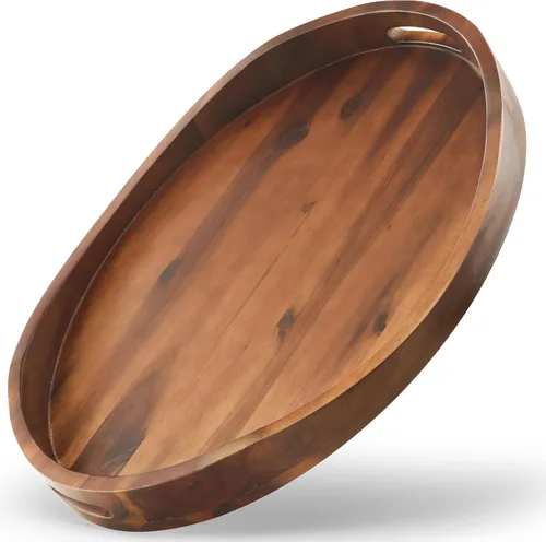 Vista 8 de TIDITA Bandeja otomana de madera de acacia con asas, redonda de 20 x 15 pulgadas, bandejas ovaladas grandes para sala de estar, bandejas de madera