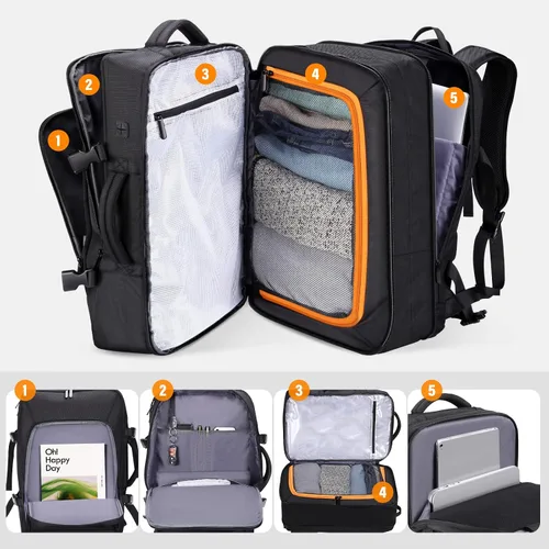 Vista 3 de HOMIEE Mochila de viaje de 22 x 14 x 9 aprobada por aerolíneas de 50 L, mochila de viaje extragrande expandible para laptop, color negro