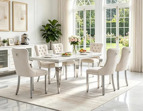 Vista 19 de Juego de 5 mesas de comedor de mármol sintético para 4 mesas de cocina de lujo de 68 pulgadas de oro blanco con 4 sillas tapizadas de terciopelo