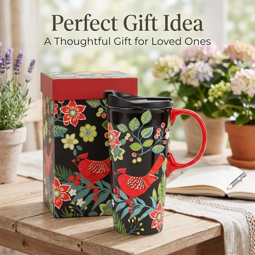 Vista 8 de Taza de viaje de cerámica de 17 onzas con tapa y caja de regalo, taza de café cardenal de arte popular, taza de té de porcelana de pájaro