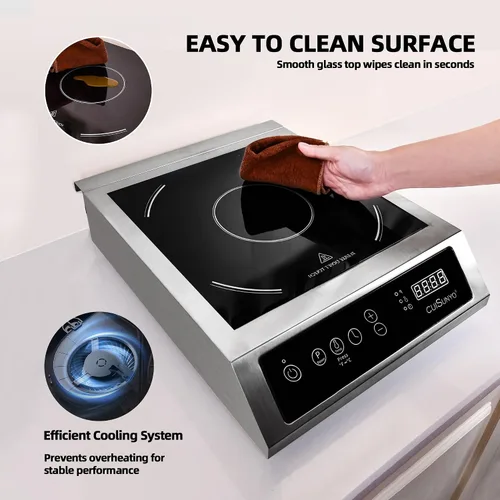 Vista 6 de Cocina de inducción comercial de 3500 W, quemador portátil de 240 V para encimera con 10 niveles de potencia, 12 ajustes de temporizador, control