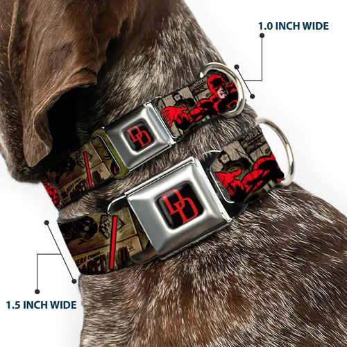 Vista 2 de Buckle-Down DAREDEVIL - Collar de perro con hebilla de cinturón de seguridad, posturas de acción, paneles cómics, grises/rojo, 1 pulgada de ancho