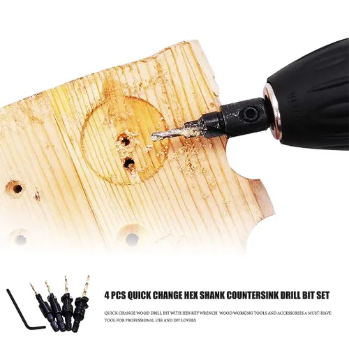 Vista 2 de Juego de brocas avellanadas, 4 brocas de madera con vástago hexagonal, broca de cambio rápido para madera con llave hexagonal