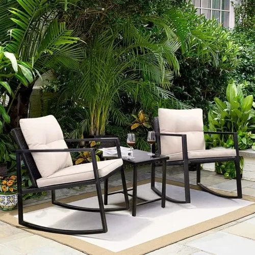 Vista 4 de Juego de 3 sillas mecedoras de patio para exteriores con mesa auxiliar (beige), 23.50 x 28.70 x 35.00 pulgadas (largo x ancho x alto) (T998142)