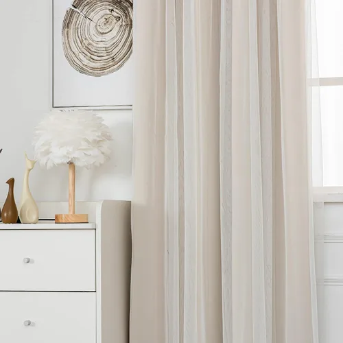 Vista 3 de INLINAS Cortinas opacas beige con superposición transparente, paneles térmicos y de reducción de ruido con ojales en la parte superior
