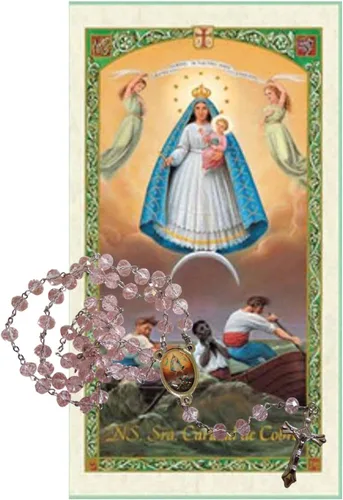 Vista 2 de Caridad del Cobre Cachita Patrona de Cuba Rosario de Cuarzo Rosa con Cuentas Facetadas Centro y Crucifijo de Plata Anodizada Incluye Postal de Rezo