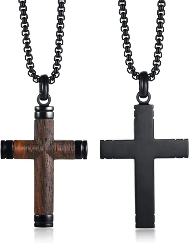 Vista 7 de Collar de cruz de madera para hombre, sándalo real con incrustaciones a mano collares de cruz para hombre, colgante de crucifijo de acero inoxidable