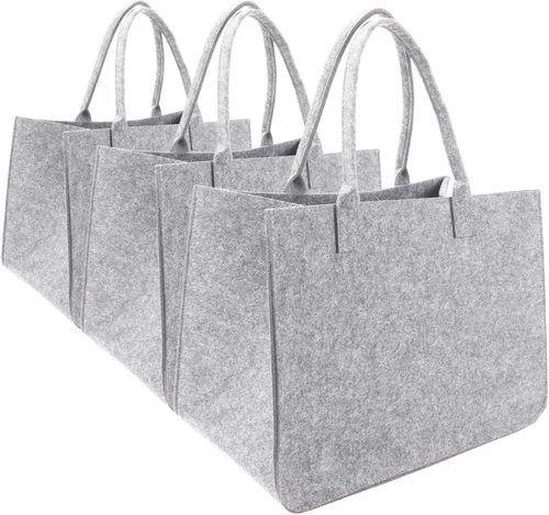 Vista 8 de Bolsa de fieltro, bolsas reutilizables grandes, bolsa de comestibles resistente con asas, bolsas de fieltro para compras, Gris oscuro 3 piezas