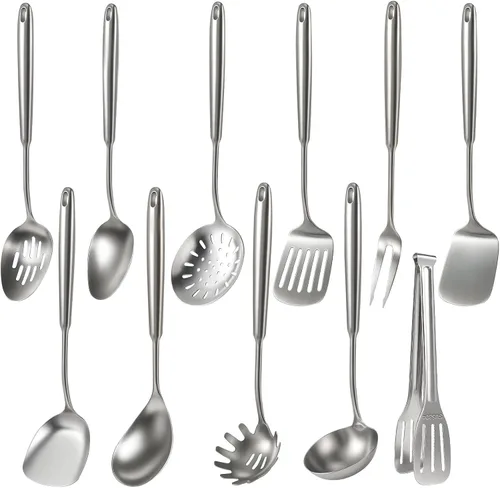 Vista 22 de Newness - Juego de utensilios de cocina de acero inoxidable 304, accesorios de cocina de metal, incluye cucharón de sopa, cuchara ranurada, cuchara