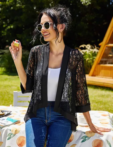 Vista 2 de Zeagoo - Chaqueta de ganchillo de encaje para mujer estilo informal con mangas 34 y fundas transparentes