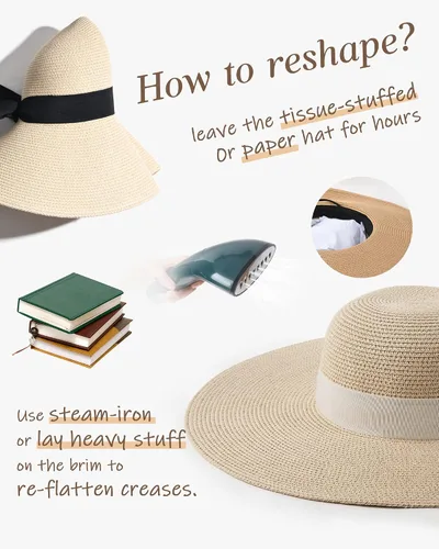 Vista 4 de Sombrero de paja para mujer, ala ancha, UPF 50, sombrero de verano, plegable, para playa