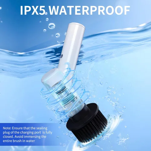 Vista 7 de Limpiador eléctrico giratorio, limpiador de ducha inalámbrico con 7 cabezales de cepillo de repuesto, IPX5 impermeable para baño con mango