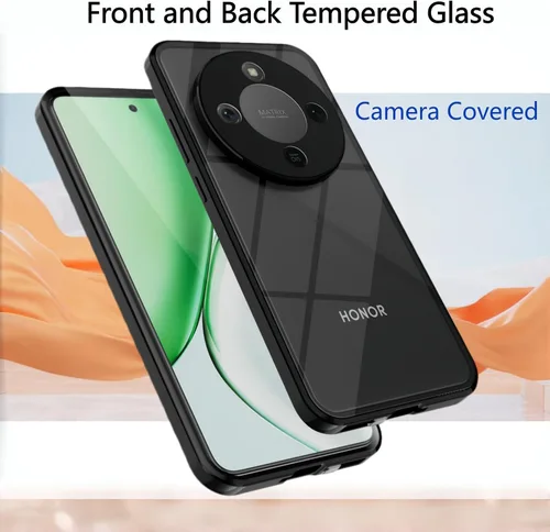 Vista 3 de QUIETIP Funda magnética para Honor Magic 8 Lite/Honor X9d, marco de metal de doble cara cubierta de vidrio templado transparente, negro