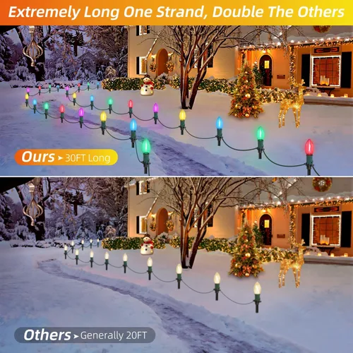 Vista 3 de USOKYO Luces LED C9 de 30 pies para caminos de Navidad al aire libre, 20 bombillas multicolor, impermeables, conectables, luces de Navidad