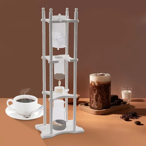 Vista 4 de Cafetera de goteo de hielo, 84.54 onzas, cafetera retro para el hogar, con recipiente de vidrio vertical japonés y soporte de madera, cafetera