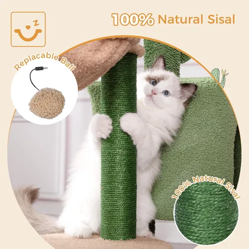 Vista 4 de Árbol de cactus para gatos, torre pequeña para gatos con poste rascador de 32 pulgadas con casa de condominio para gatos, hamaca acogedora y cama