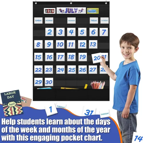 Vista 2 de Calendario mensual para aula con 45 bolsillos, 3 bolsillos de almacenamiento para fácil pared o soporte (negro)