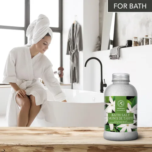 Vista 5 de AROMATIKA - Sal de baño Monoi de Tahiti 21.16 oz (600 g) – Aroma de flores de coco y gardenia – Baño relajante – Buen sueño – Aromaterapia – Baño