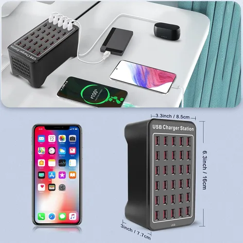 Vista 7 de Cinlinso Estación de carga USB de 30 puertos de 150 W (30 A), concentrador USB multipuerto con detección inteligente para teléfonos inteligentes