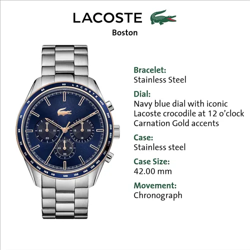 Vista 5 de Lacoste Reloj Boston de cuarzo para hombre con correa de acero inoxidable plata 20 Modelo 2011081 Plateado Reloj de cuarzo cronógrafo