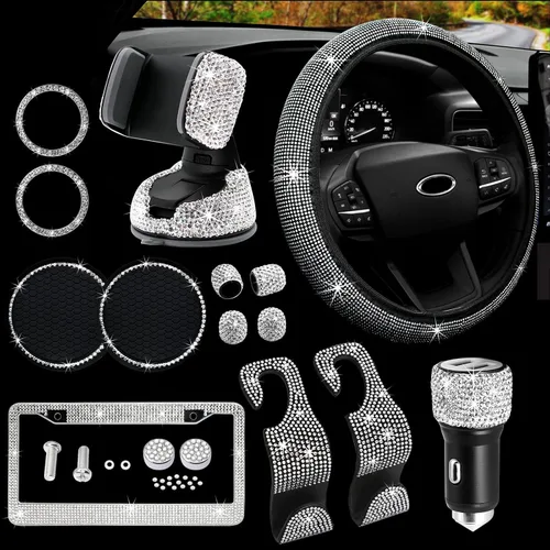 Vista 7 de Juego de accesorios brillantes para auto MAIMEIMI para mujeres con decoraciones de strass para interior con fundas para volante, marco