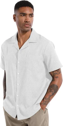 Vista 4 de NmglhNm Camisa casual de lino para hombre, manga corta, con botones, elegante, para verano, playa, tropical
