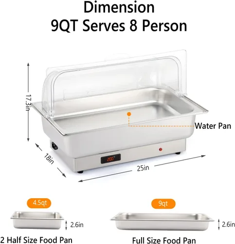 Vista 8 de ROVSUN Juego de bufé eléctrico de acero inoxidable de 9 cuartos de galón, NSF con tapa enrollable para catering, calentador de alimentos