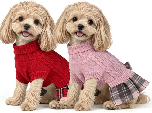 Vista 19 de WOYYHO Vestido de suéter para perro pequeño con corbatín, ropa de perro de Rosa polvoriento