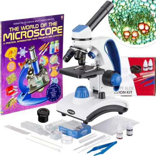 Vista 6 de AmScope M162C-2L-PB10 40X-1000X Microscopio de metal con doble lente de vidrio + portaobjetos, para estudiantes