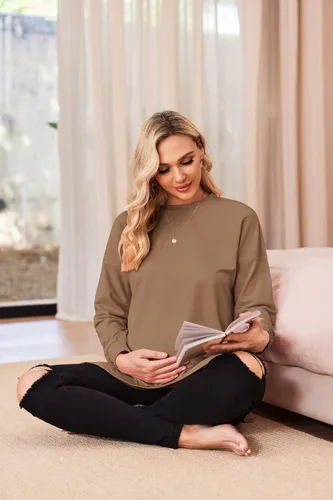 Vista 2 de Ekouaer Camisas de maternidad para mujer, manga larga, con abertura lateral, camiseta de embarazo, blusa tipo túnica, ropa casual para mamá