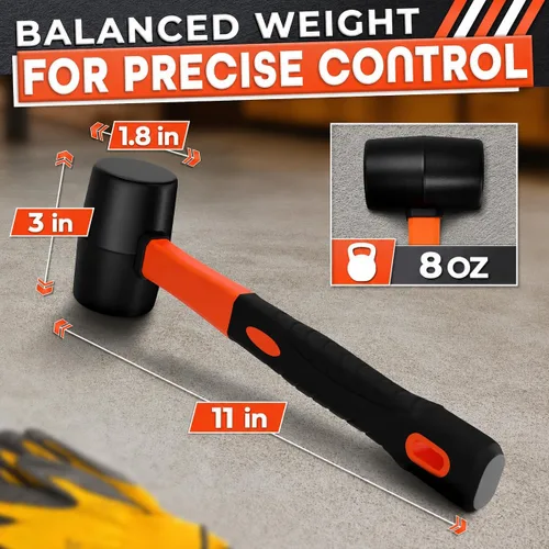 Vista 2 de Rubber Mallet Hammer 8 Oz, Soft Face Non-Marring Head (Orange)