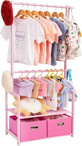 Vista 11 de Perchero de bambú para niños con 2 cestas de almacenamiento y 2 varillas ajustables para colgar, soporte para ropa infantil con estante, estantes