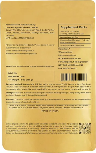 Vista 2 de CARMEL ORGANICS Mucuna Pruriens Semillas Naturales (Blancas) en Polvo 8 Onzas o 0.5 Lb/227 Gramos Sin GMO Kosher Polvo de Kapikachhu Sin