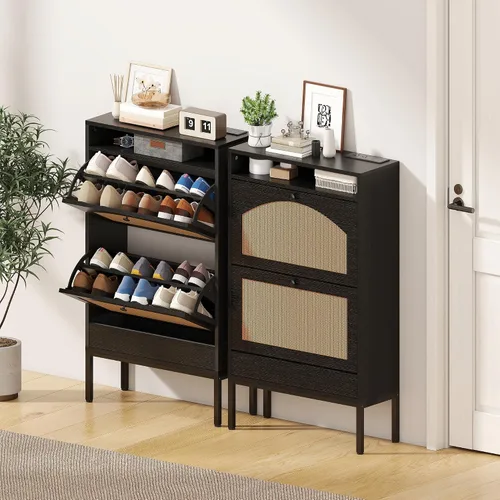 Vista 5 de NUNU LAB Armario de almacenamiento de zapatos de ratán para entrada con 2 cajones abatibles y estante ajustable, organizador de zapatos estrecho que