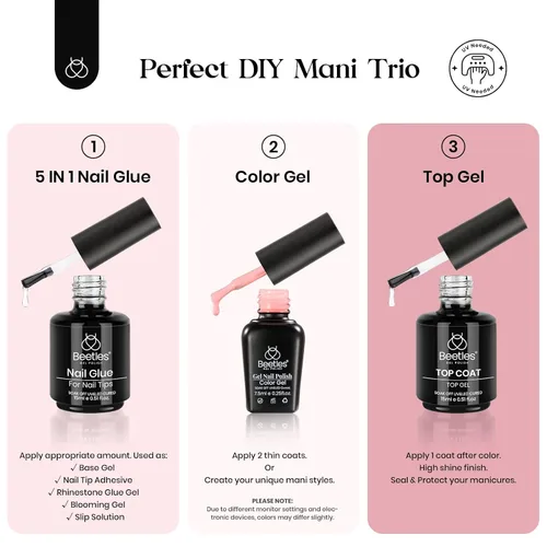Vista 6 de Kit de Uñas de Gel Beetles 600Pcs Puntas de Uñas de Ataúd Largo con Esmalte de Gel Rosa, Capa Superior, 15 Tamaños de Uñas Autoadhesivas